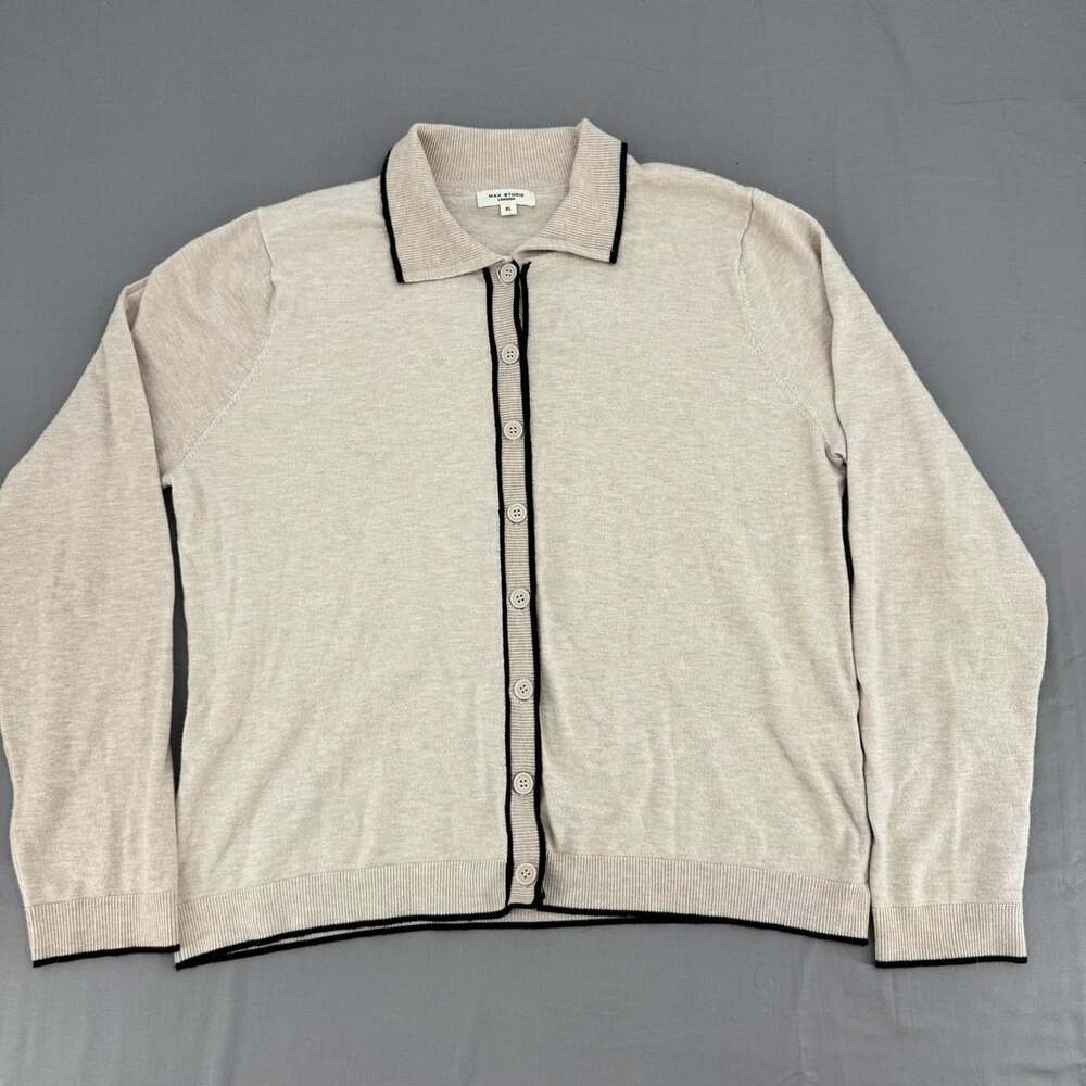 Max Studio London Beige Knit Cardigan Sweater With Black Trim XL